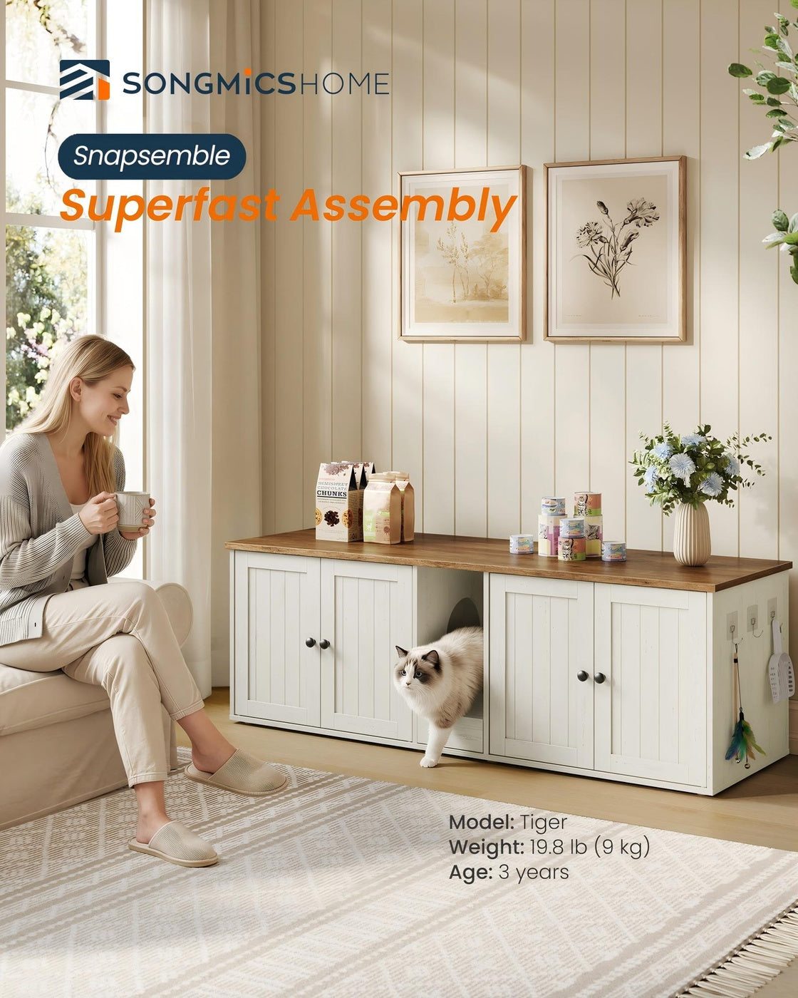 SONGMICS HOME Litter Box Enclosure, Toolless Assembly, Push-to-Open Doors, Cat Washroom – Rustic White, Honey Brown