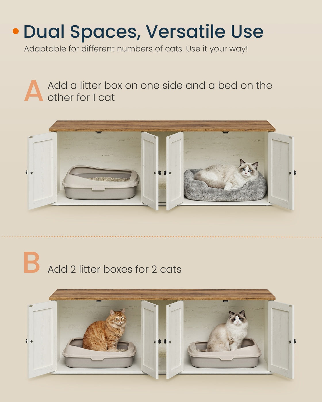 SONGMICS HOME Litter Box Enclosure, Toolless Assembly, Push-to-Open Doors, Cat Washroom – Rustic White, Honey Brown