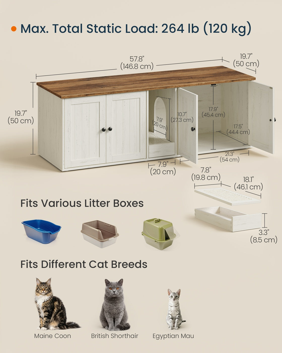 SONGMICS HOME Litter Box Enclosure, Toolless Assembly, Push-to-Open Doors, Cat Washroom – Rustic White, Honey Brown