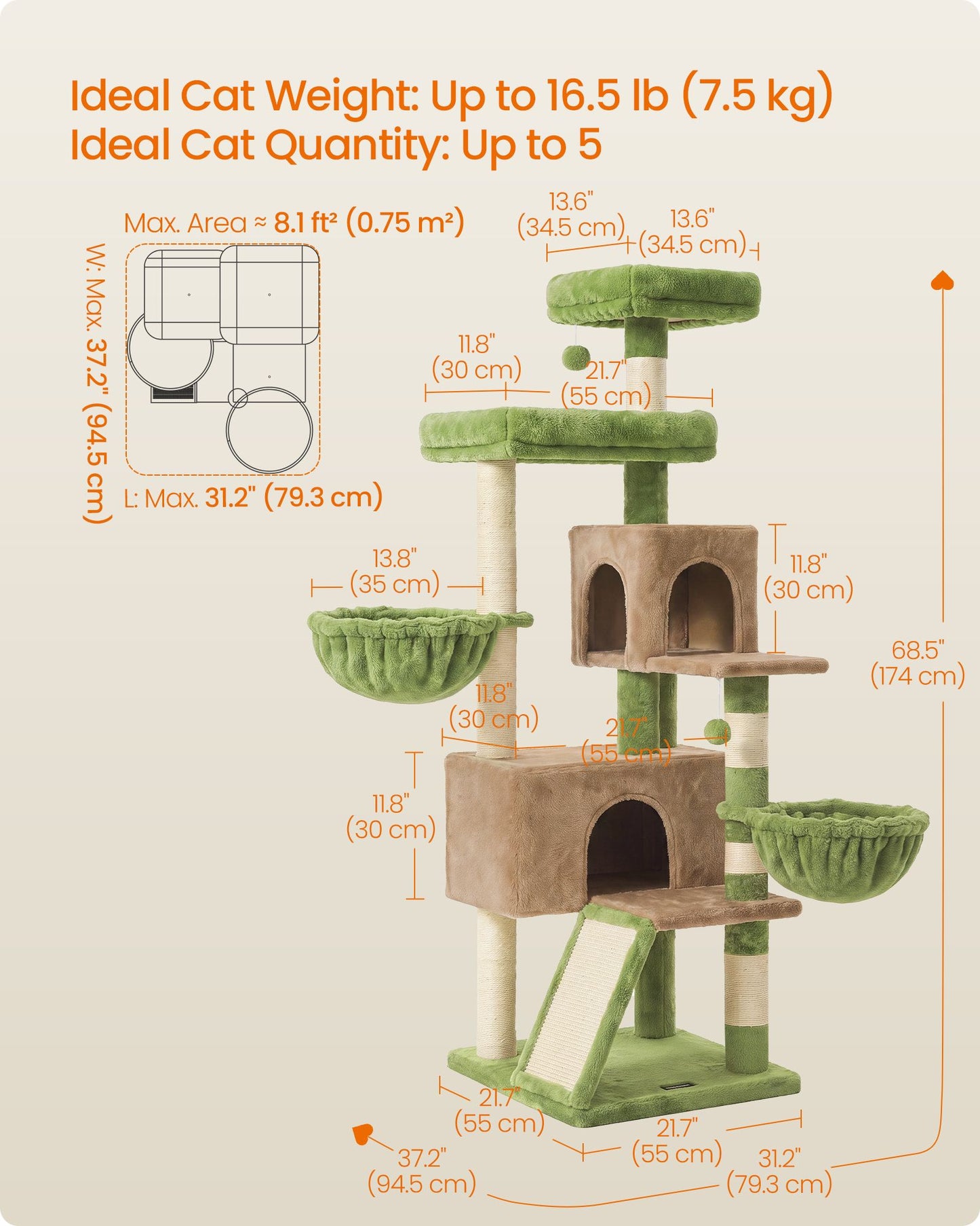 Feandrea Cat Tree, 68.5-in Tall Cat Tower, Multi-Level Condo, Green for Adult Cats Indoor