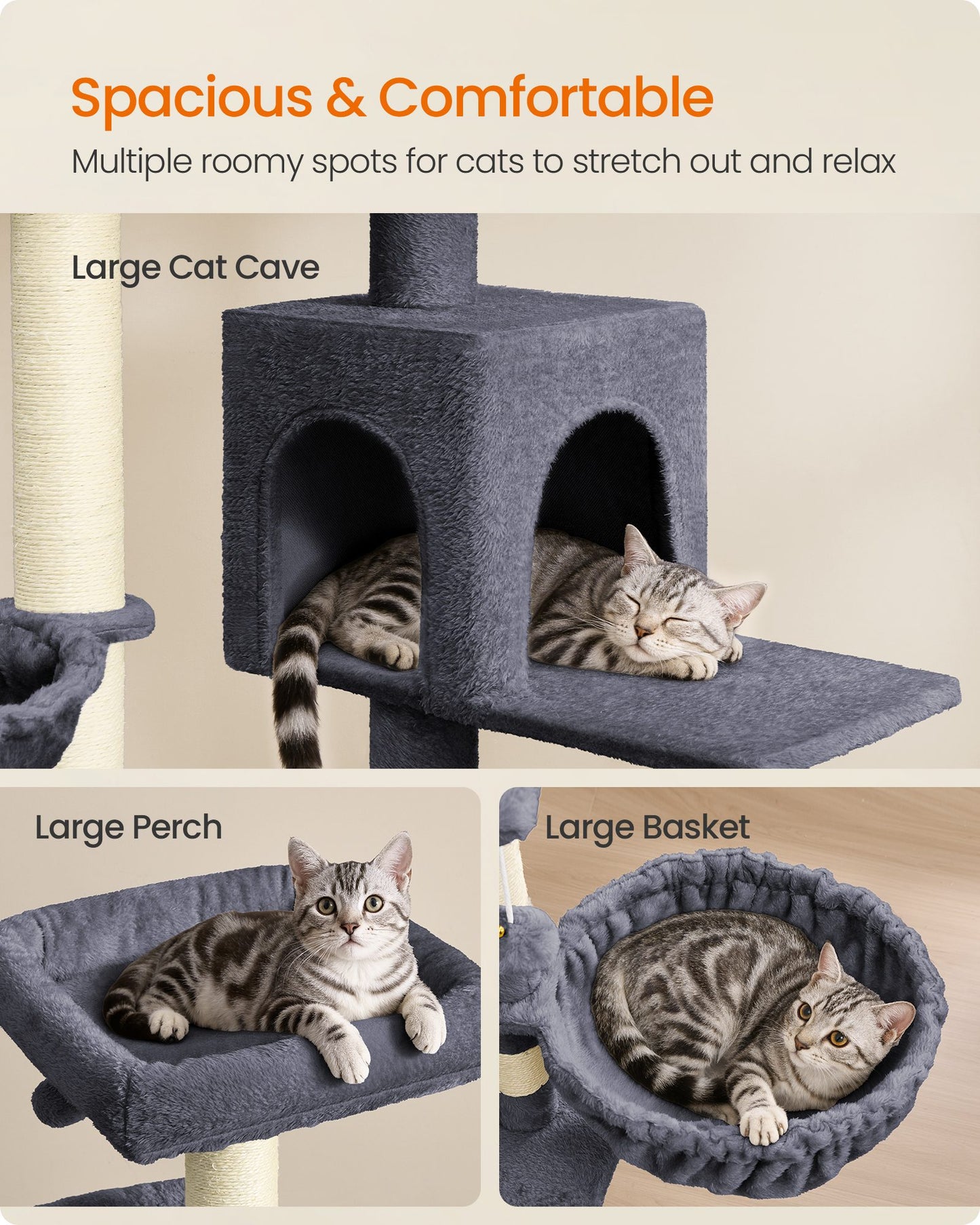 Feandrea Large Cat Tree Tower, 68.5-Inch Tall Cat Condo with Large Perch – Dark Grey