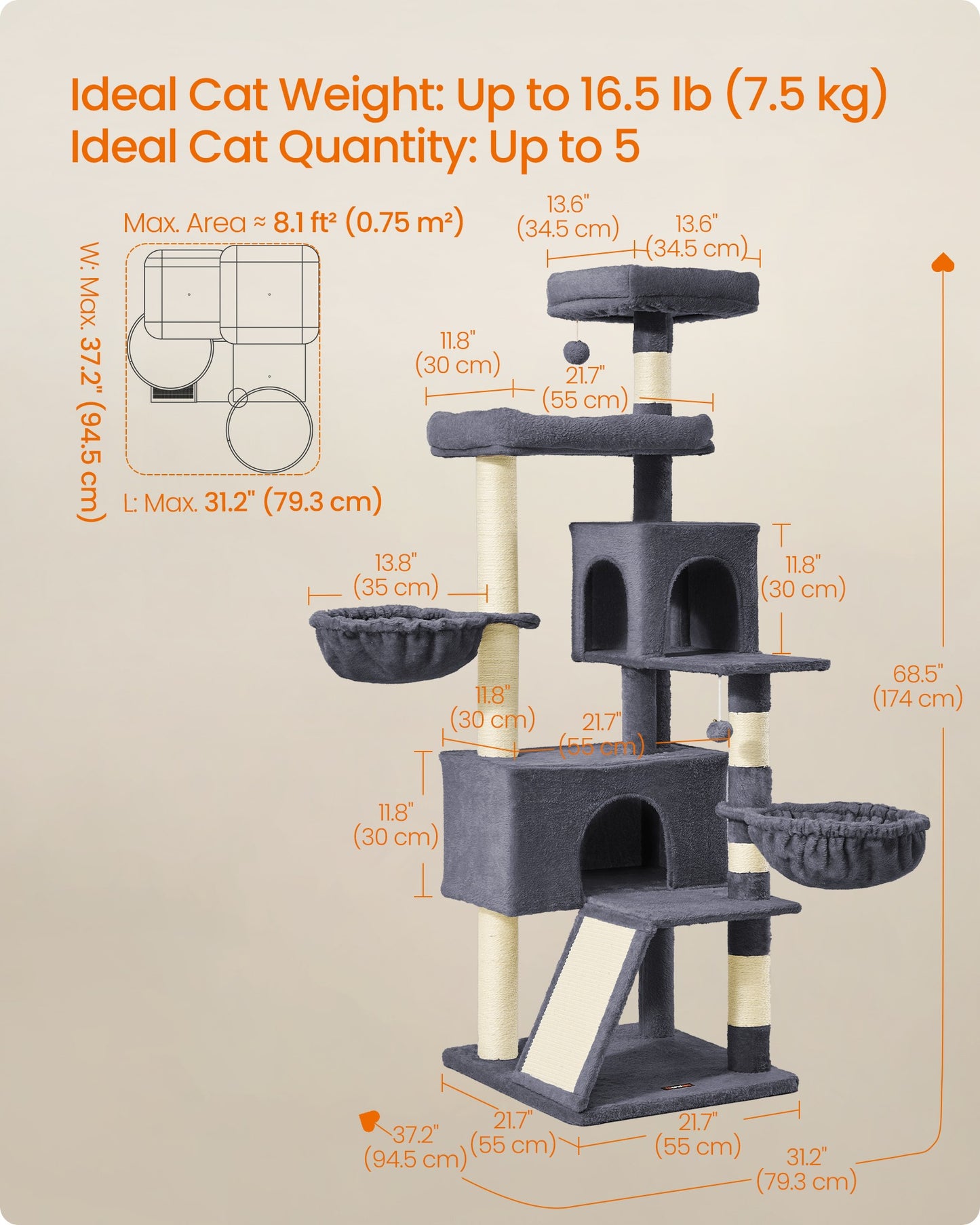 Feandrea Large Cat Tree Tower, 68.5-Inch Tall Cat Condo with Large Perch – Dark Grey
