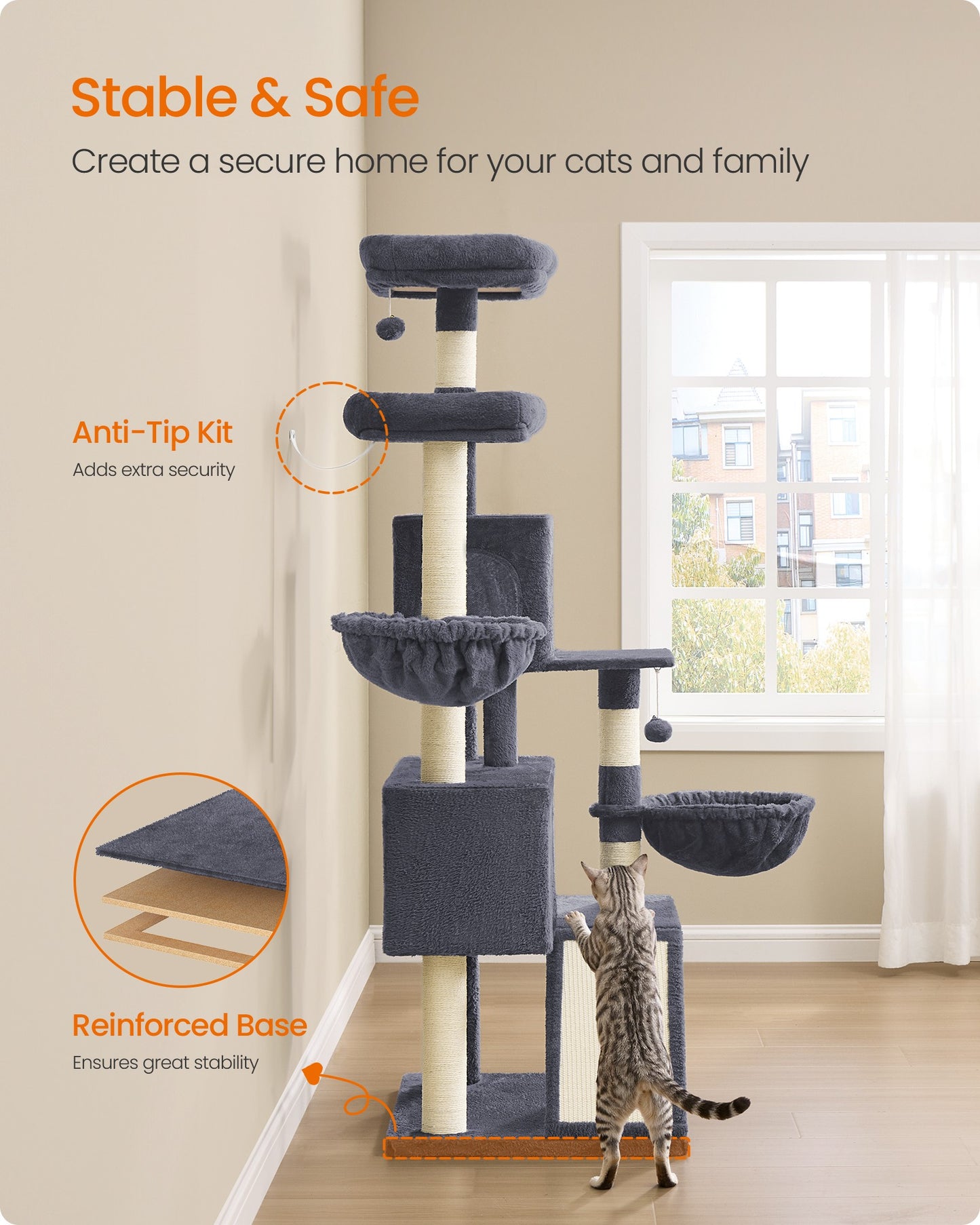 Feandrea Large Cat Tree Tower, 68.5-Inch Tall Cat Condo with Large Perch – Dark Grey