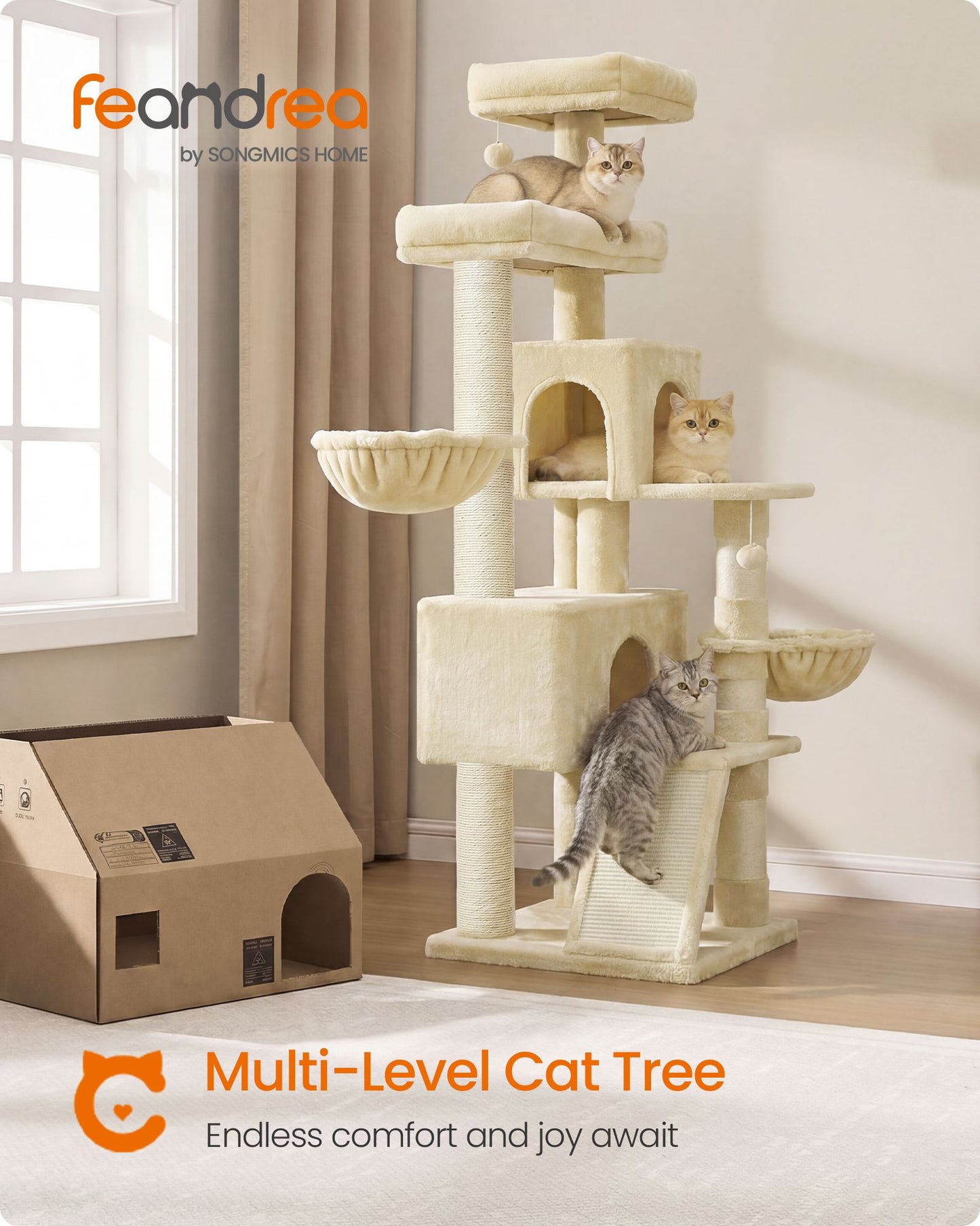 Feandrea Cat Tree, 68.5-in Tall Cat Tower, Multi-Level Condo, Beige for Adult Cats Indoor