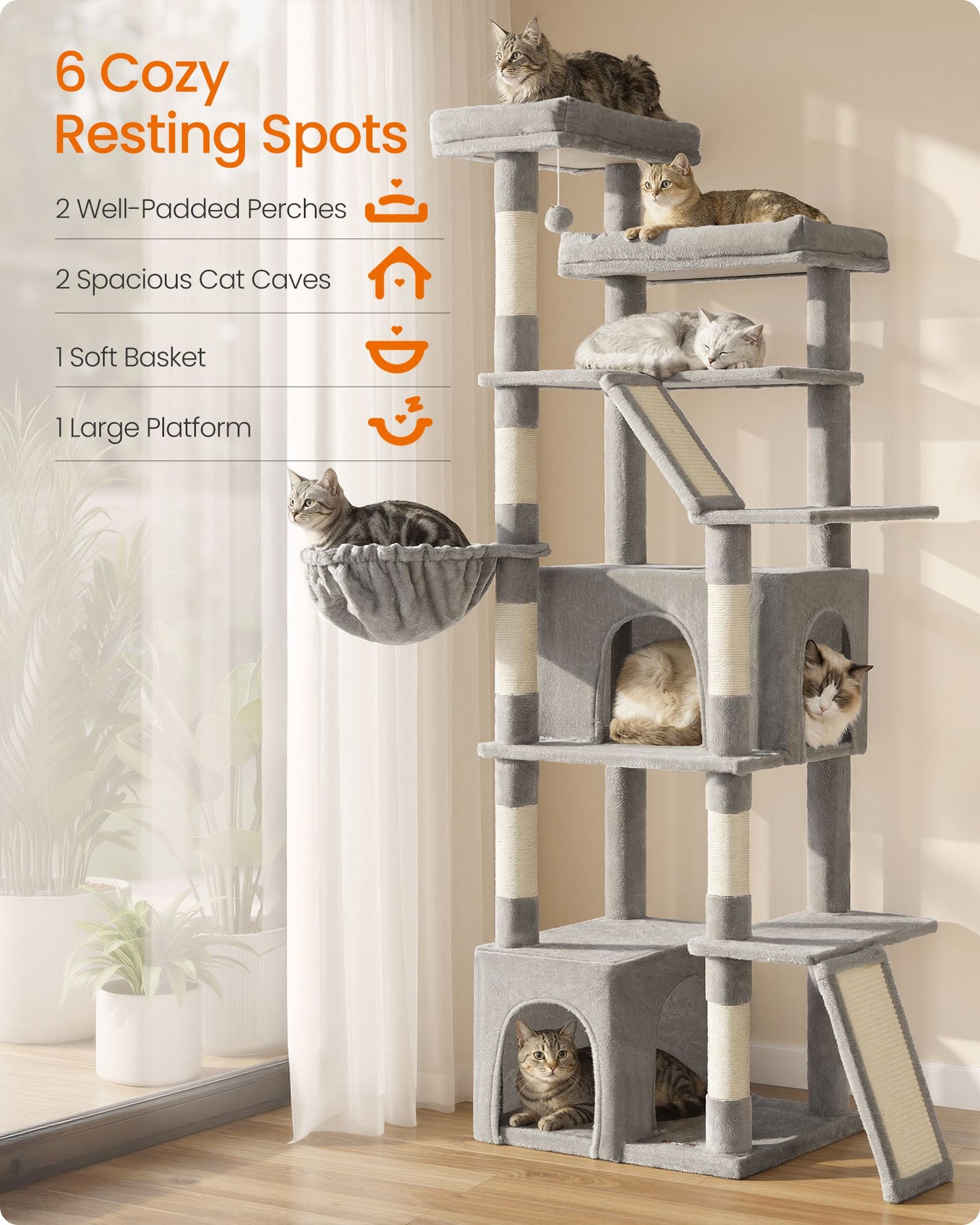 Feandrea 72.6-Inch Tall Cat Tree Tower for Indoor Extra Large Cats – Dove Gray