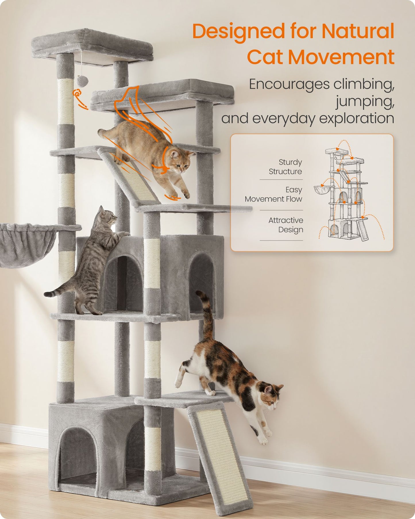 Feandrea 72.6-Inch Tall Cat Tree Tower for Indoor Extra Large Cats – Dove Gray