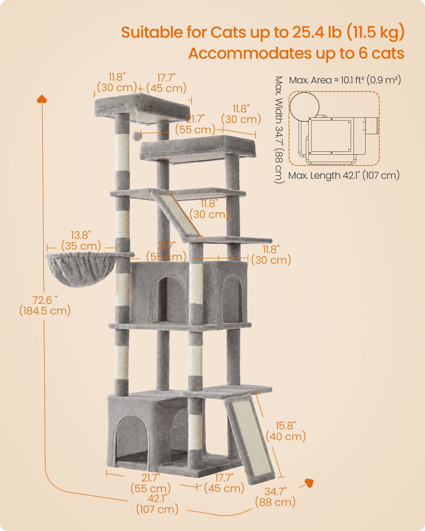 Feandrea 72.6-Inch Tall Cat Tree Tower for Indoor Extra Large Cats – Dove Gray