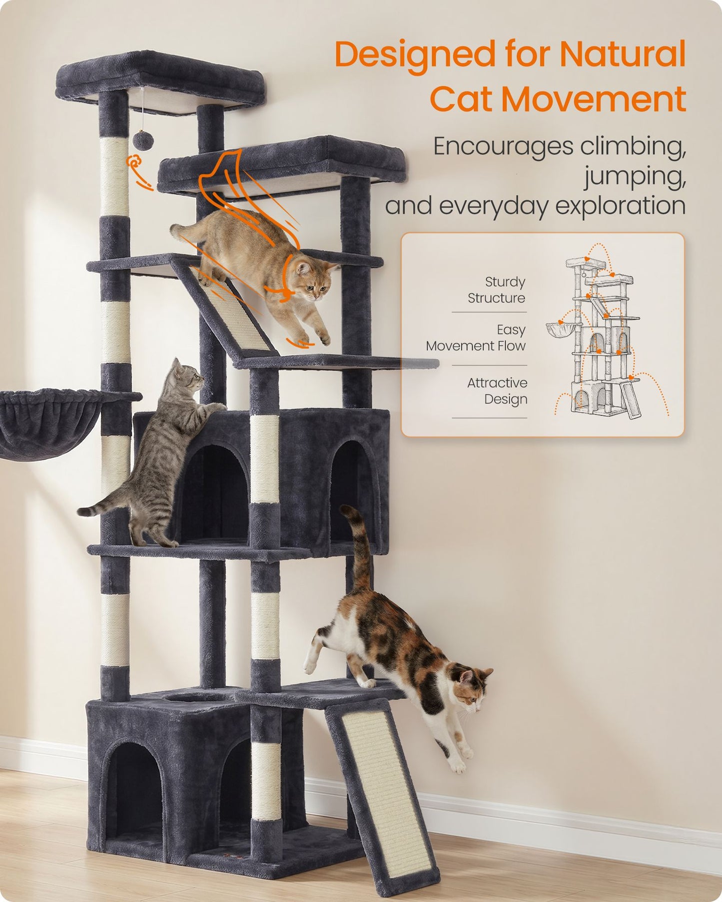 Feandrea 72.6-Inch Tall Cat Tree Tower for Indoor Extra Large Cats – Dark Gray