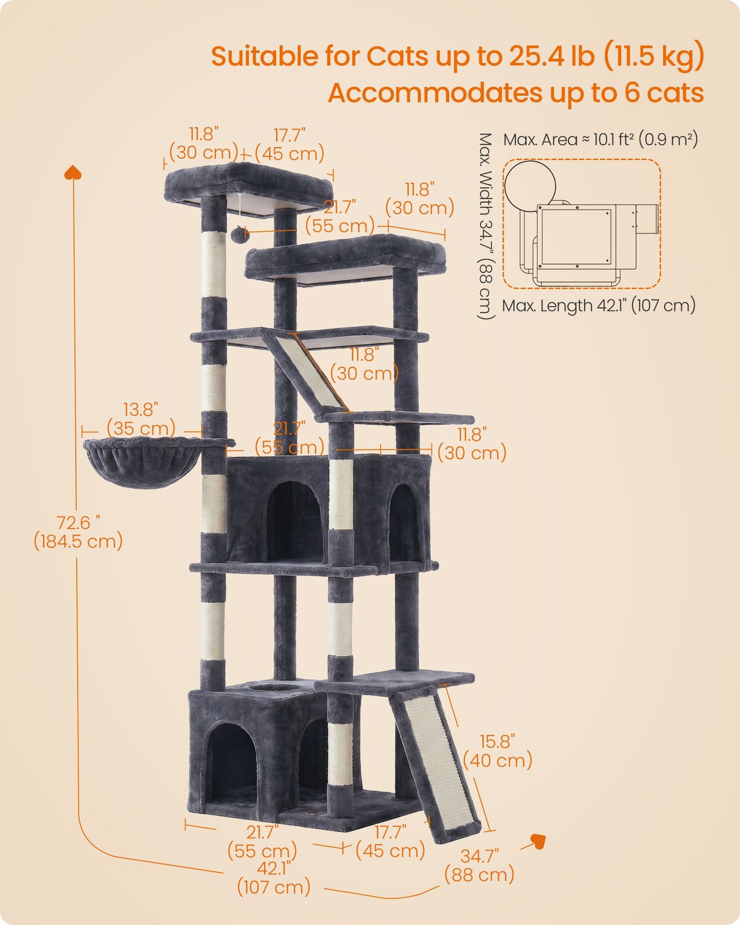 Feandrea 72.6-Inch Tall Cat Tree Tower for Indoor Extra Large Cats – Dark Gray