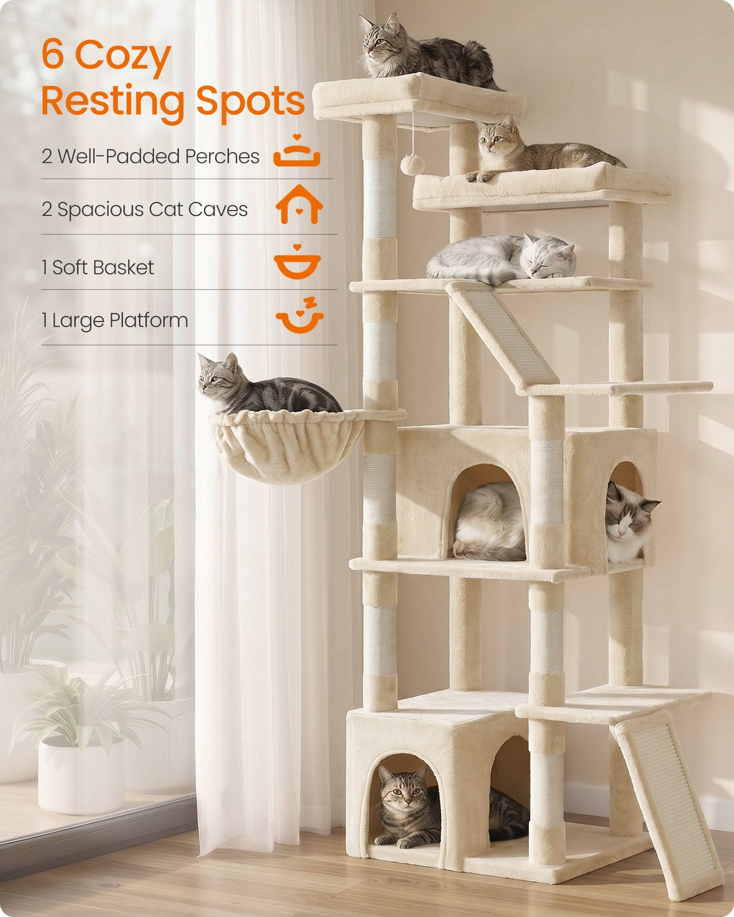 Feandrea 72.6-Inch Tall Cat Tree Tower for Indoor Extra Large Cats – Summer Sand