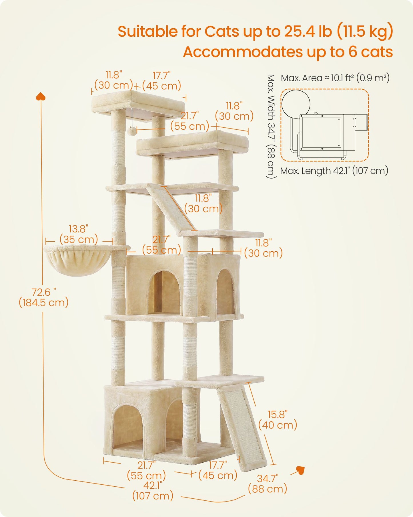 Feandrea 72.6-Inch Tall Cat Tree Tower for Indoor Extra Large Cats – Summer Sand