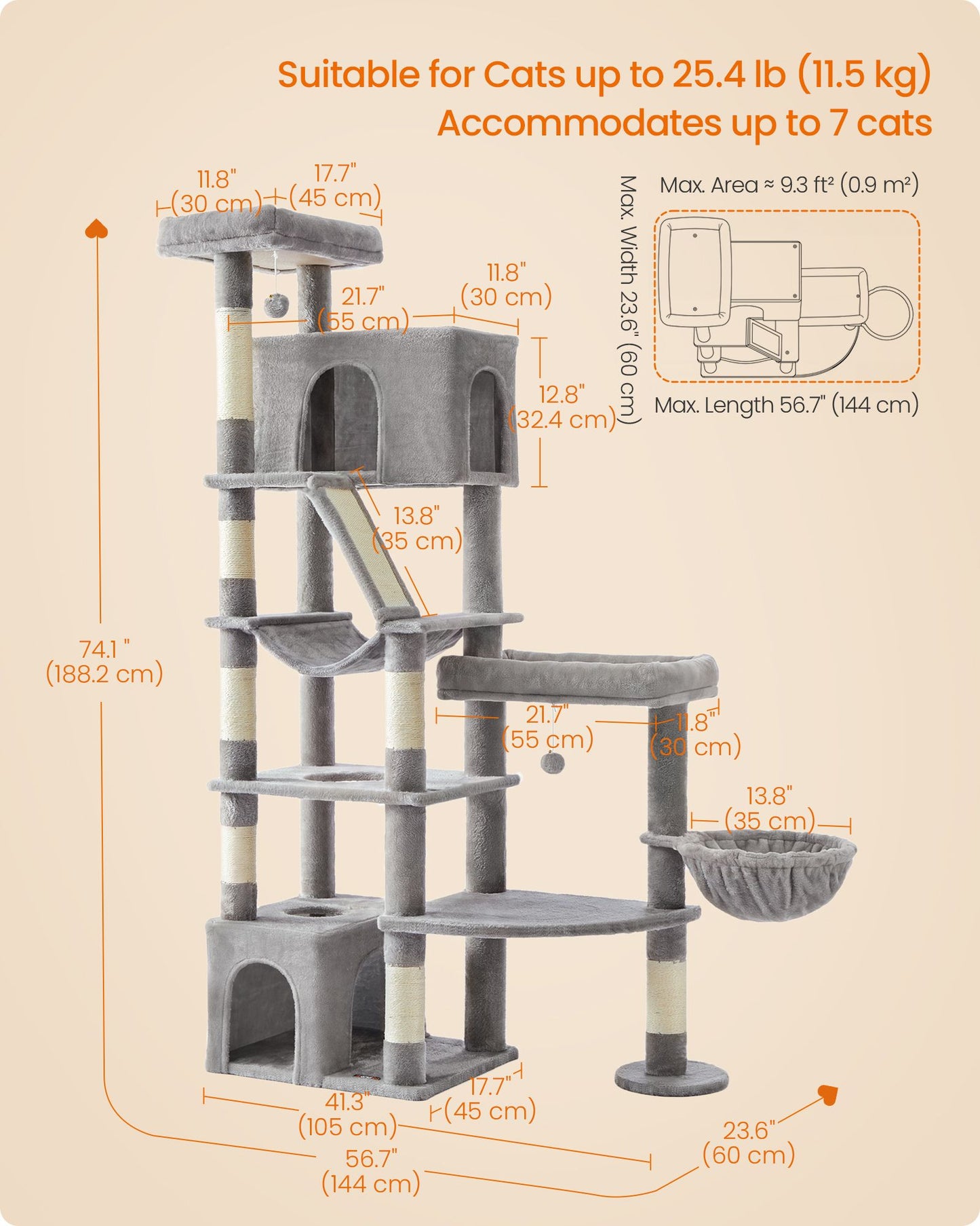 Feandrea 74.1-Inch Cat Tree Tower for Indoor Extra Large Cats – Dove Gray