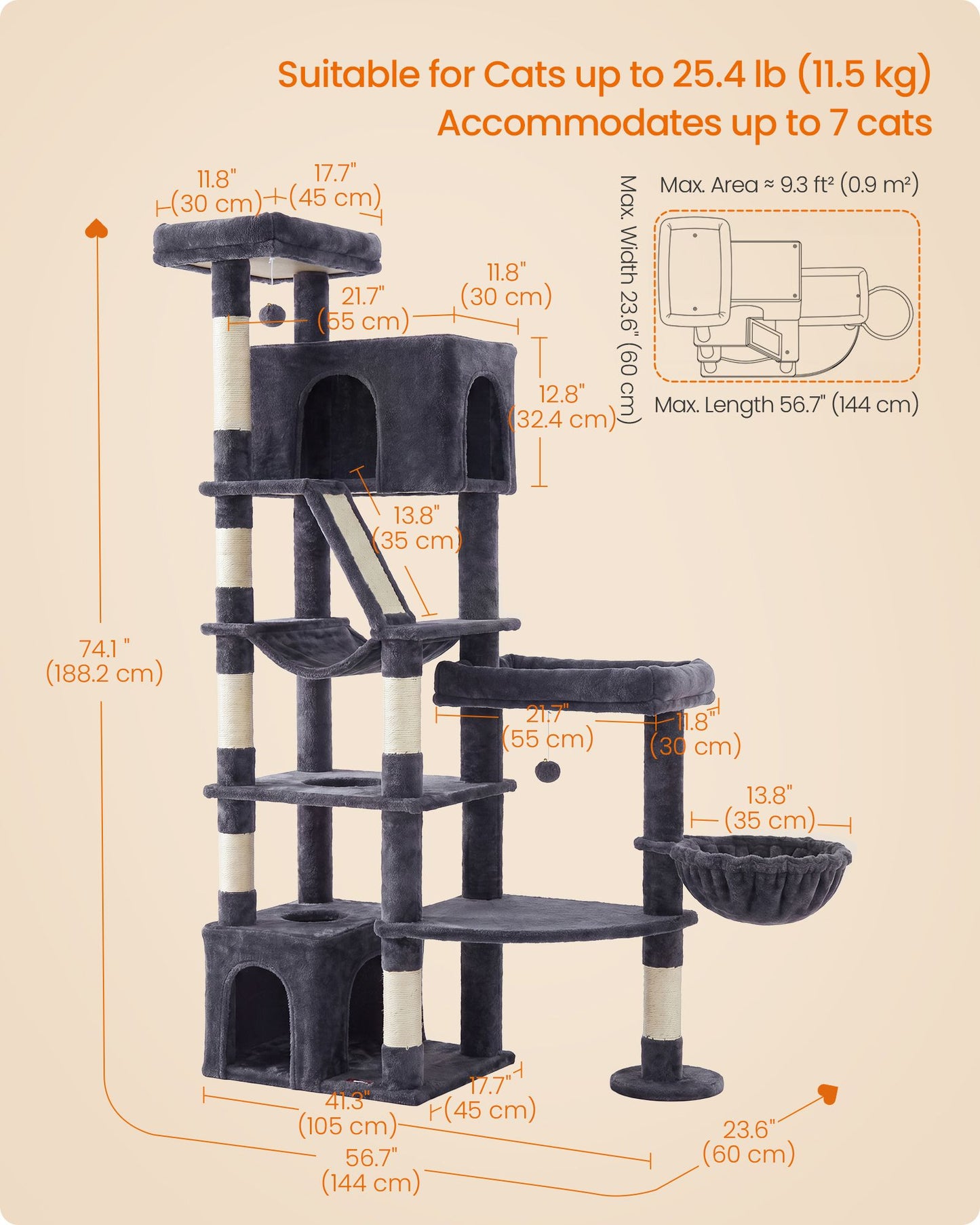 Feandrea 74.1-Inch Cat Tree Tower for Indoor Extra Large Cats – Dark Gray