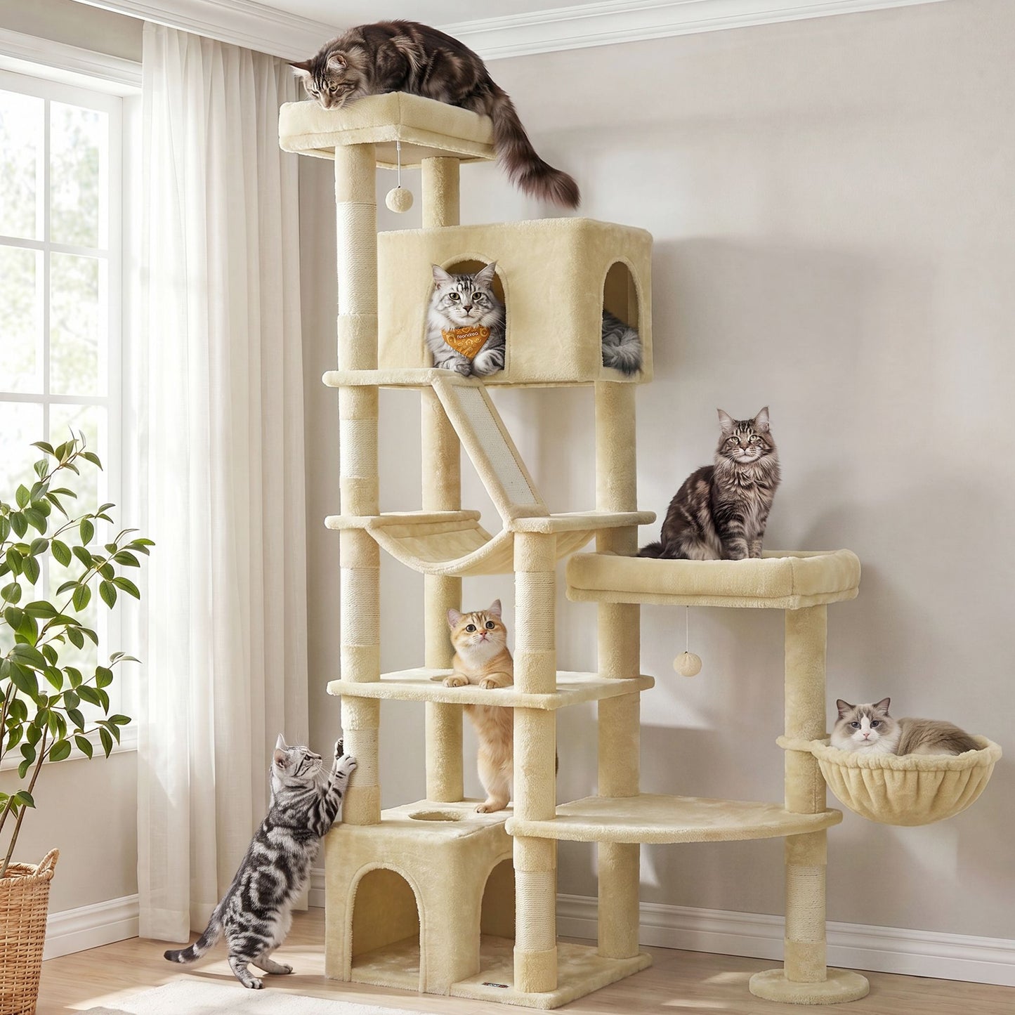 Feandrea 74.1-Inch Cat Tree Tower for Indoor Extra Large Cats – Summer Sand