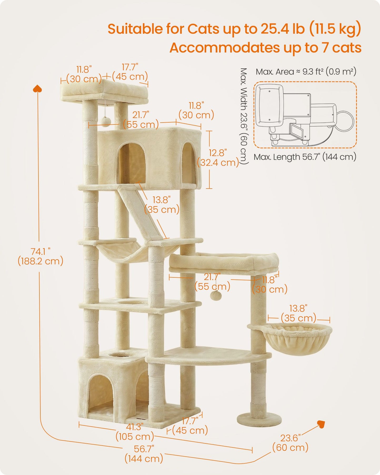 Feandrea 74.1-Inch Cat Tree Tower for Indoor Extra Large Cats – Summer Sand