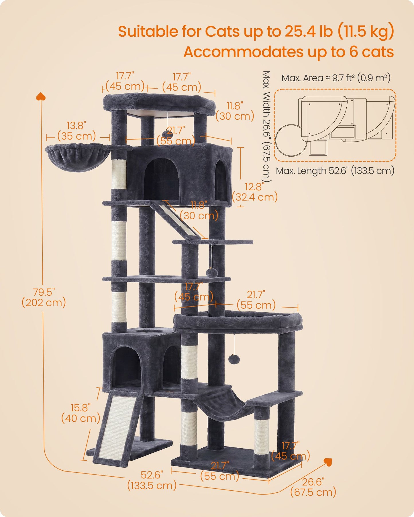 Feandrea Multi-Level Cat Tree for Large Cats – Dark Gray