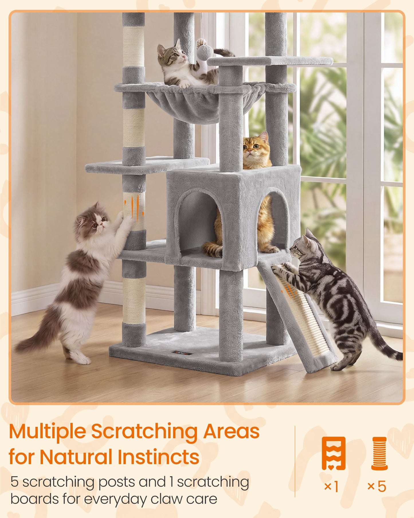 Feandrea Cat Tree, 70.3" Heavy Duty Cat Tower Condo for Indoors – Dove Gray