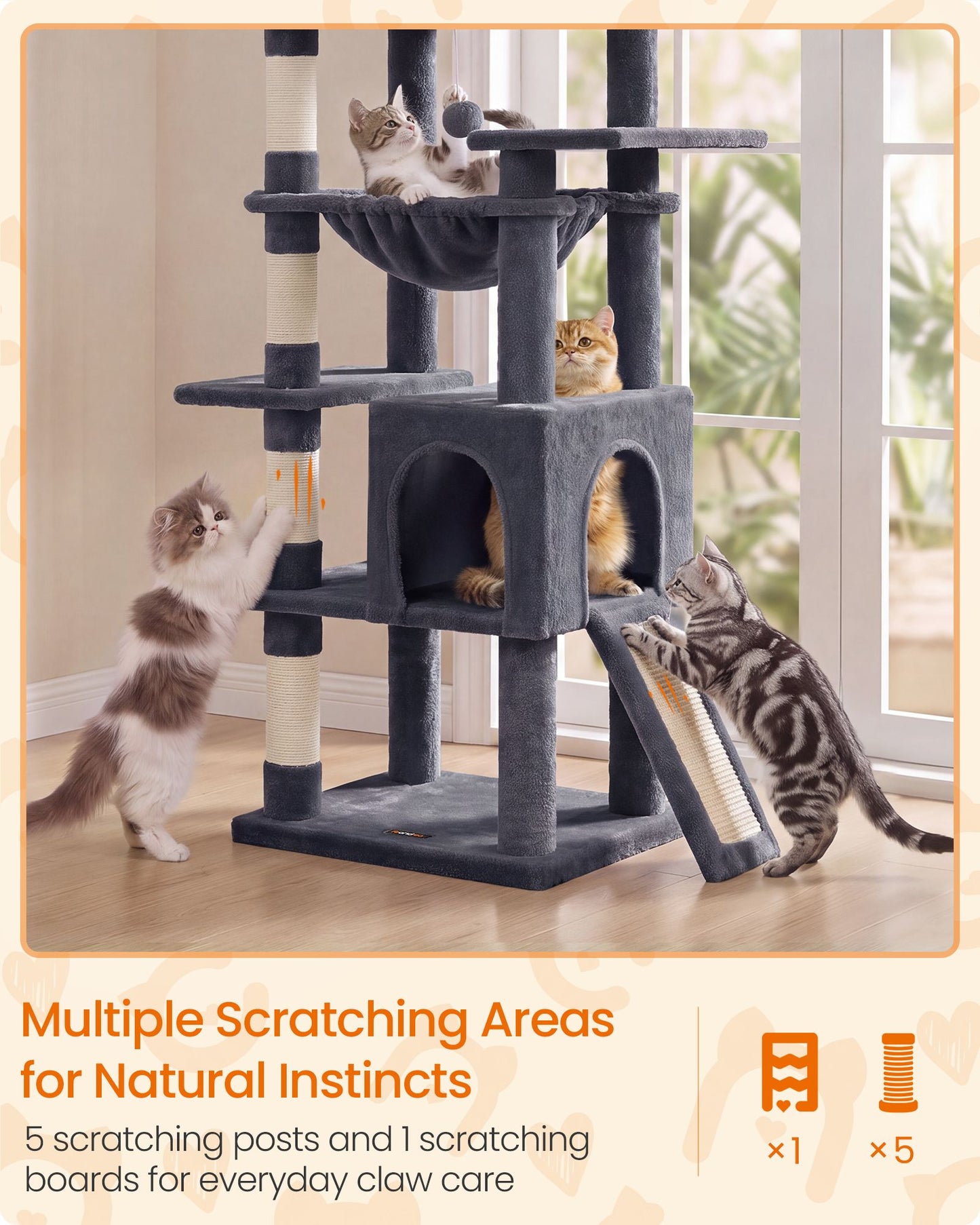 Feandrea Cat Tree, 70.3" Heavy Duty Cat Tower Condo for Indoors – Dark Gray