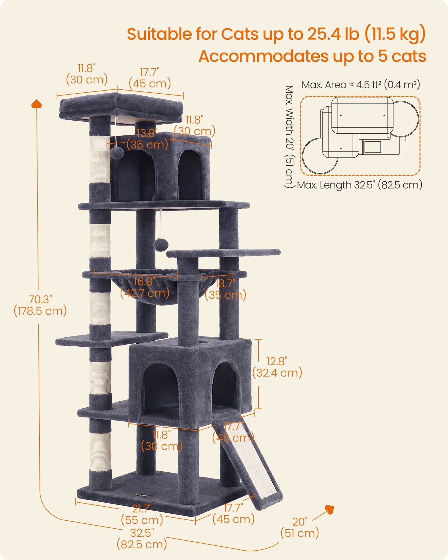 Feandrea Cat Tree, 70.3" Heavy Duty Cat Tower Condo for Indoors – Dark Gray