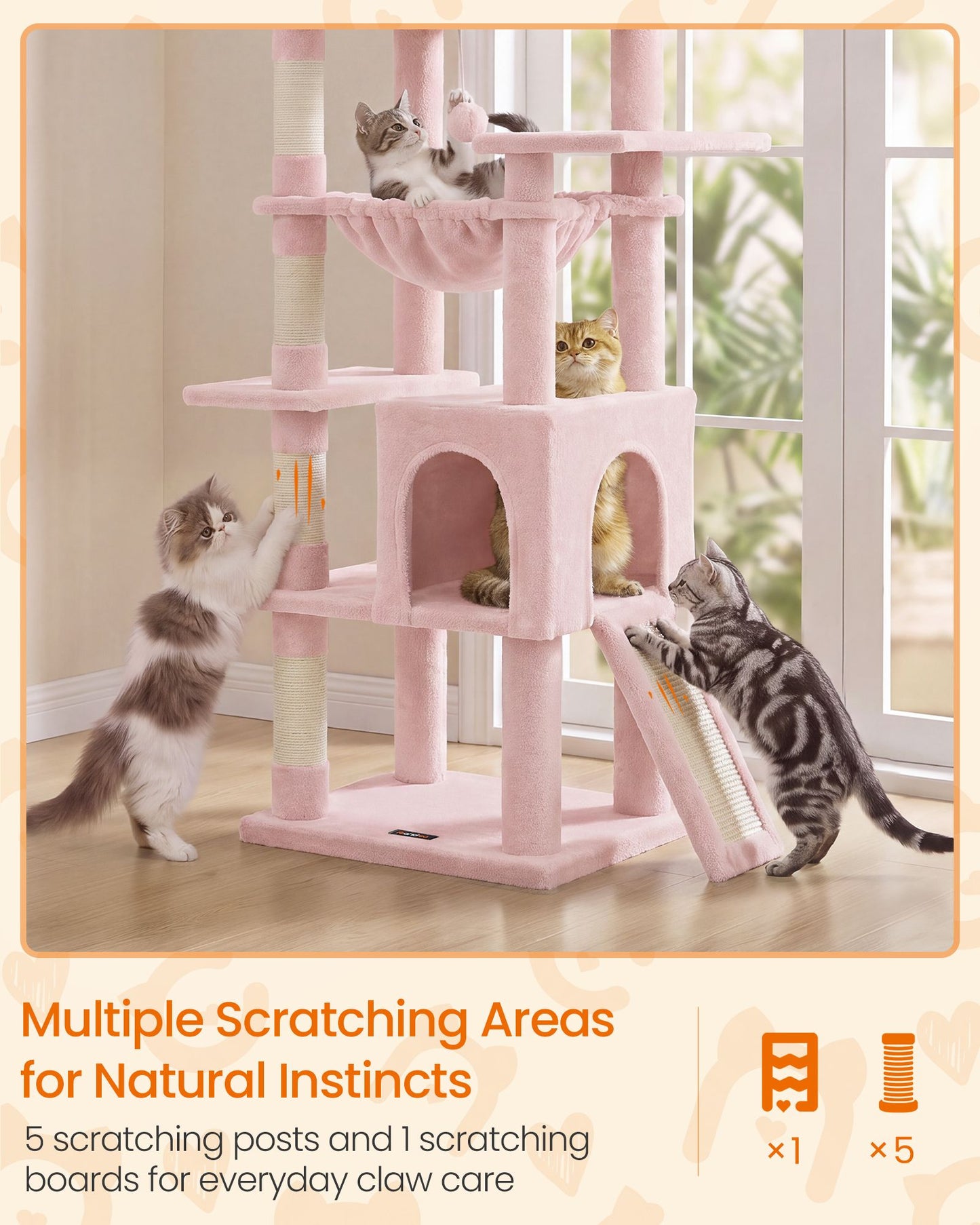 Feandrea Cat Tree, 70.3" Heavy Duty Cat Tower Condo for Indoors – Jelly Pink