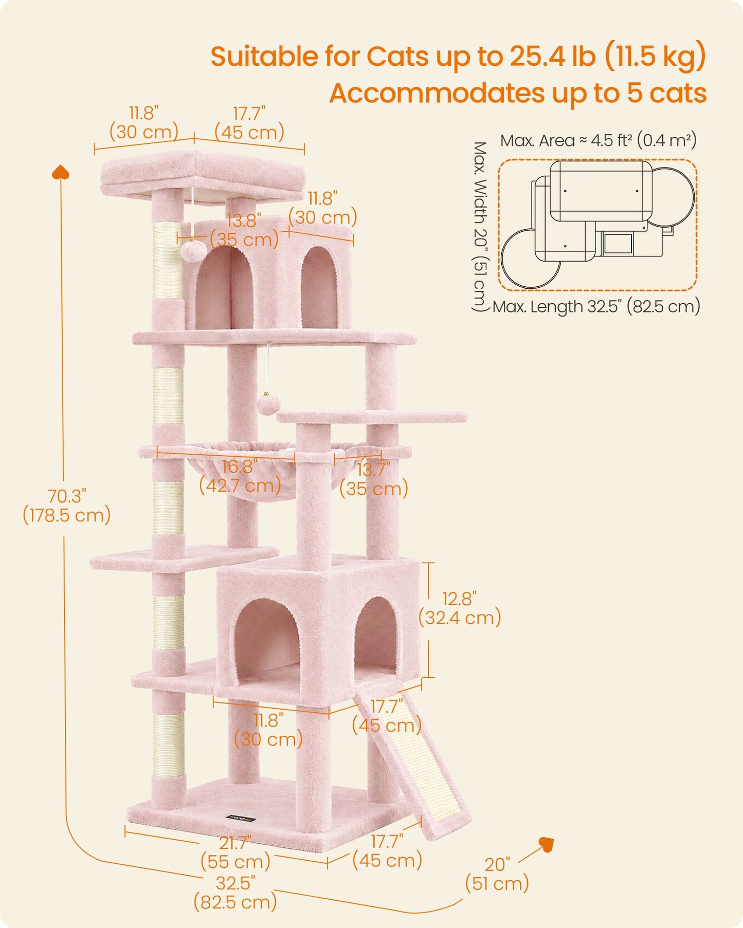 Feandrea Cat Tree, 70.3" Heavy Duty Cat Tower Condo for Indoors – Jelly Pink