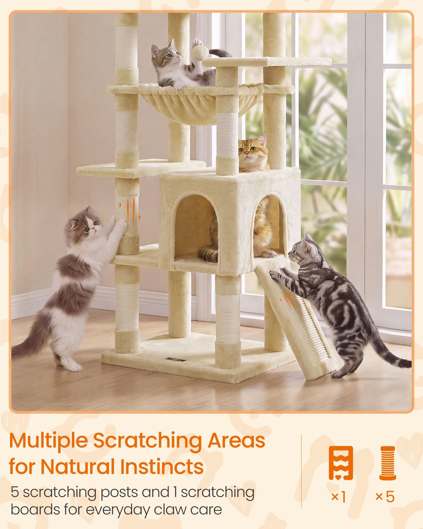 Feandrea Cat Tree, 70.3" Heavy Duty Cat Tower Condo for Indoors, Beige Cat Trees for Large Adult – Summer Sand