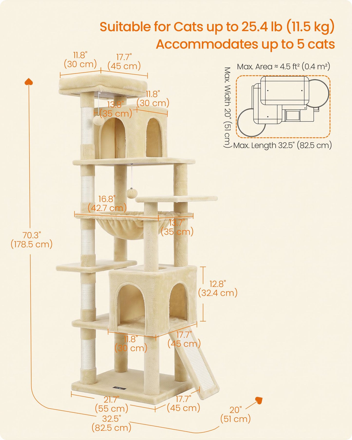 Feandrea Cat Tree, 70.3" Heavy Duty Cat Tower Condo for Indoors, Beige Cat Trees for Large Adult – Summer Sand