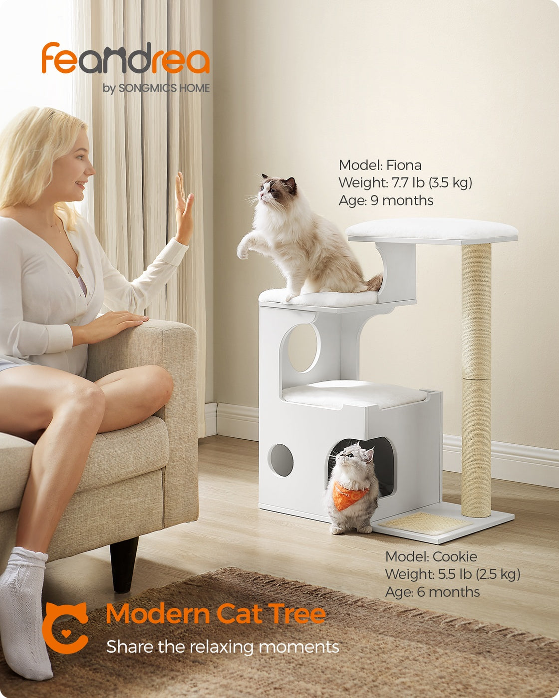 Feandrea Modern Cat Tower with Cushions, Cloud White