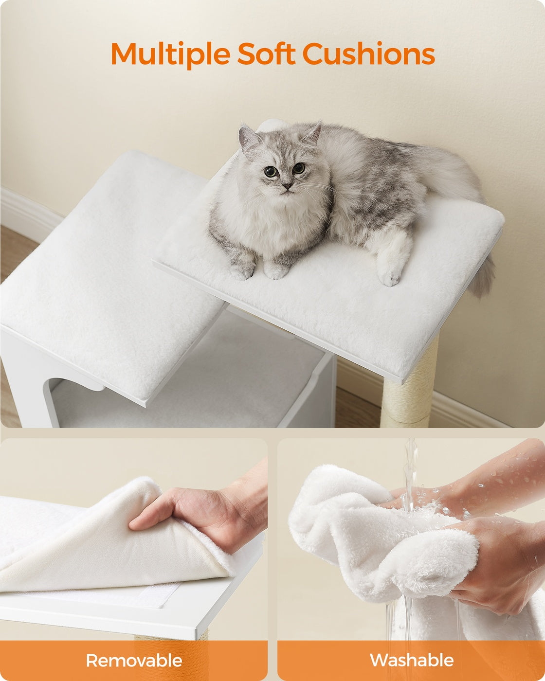 Feandrea Modern Cat Tower with Cushions, Cloud White