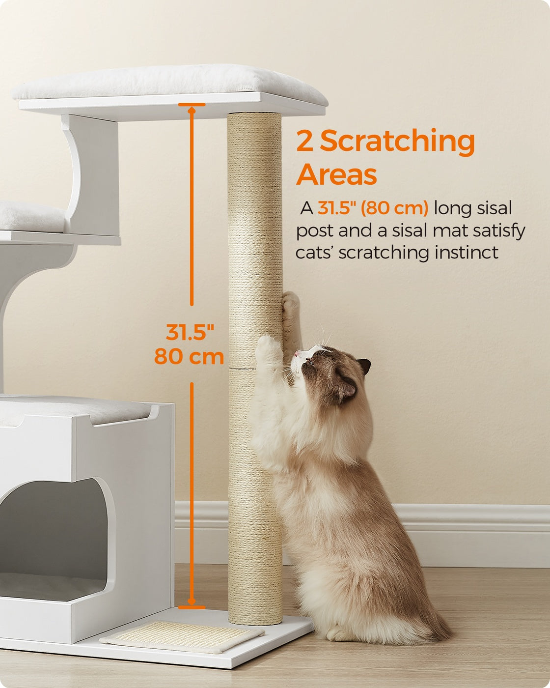 Feandrea Modern Cat Tower with Cushions, Cloud White