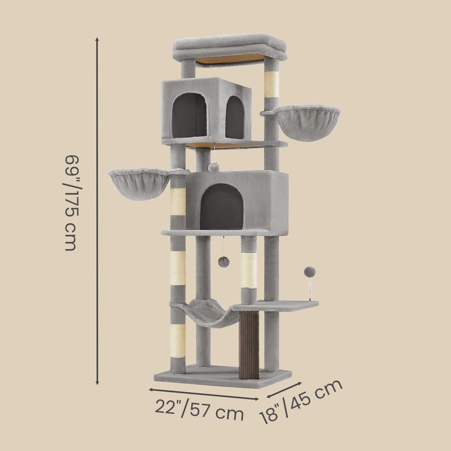 Feandrea Large Multi Level Cat Tree Tower with Self Groomer and Posts – Dove Gray