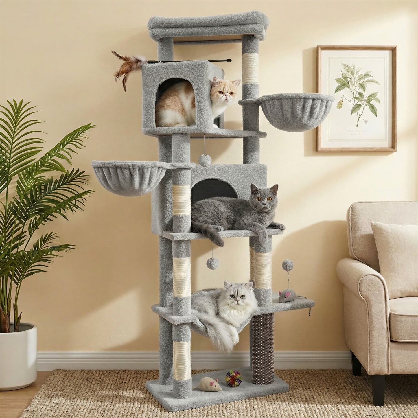 Feandrea Large Multi Level Cat Tree Tower with Self Groomer and Posts – Dove Gray