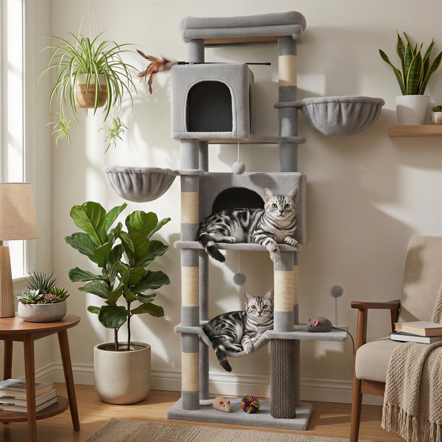 Feandrea Large Multi Level Cat Tree Tower with Self Groomer and Posts – Dove Gray