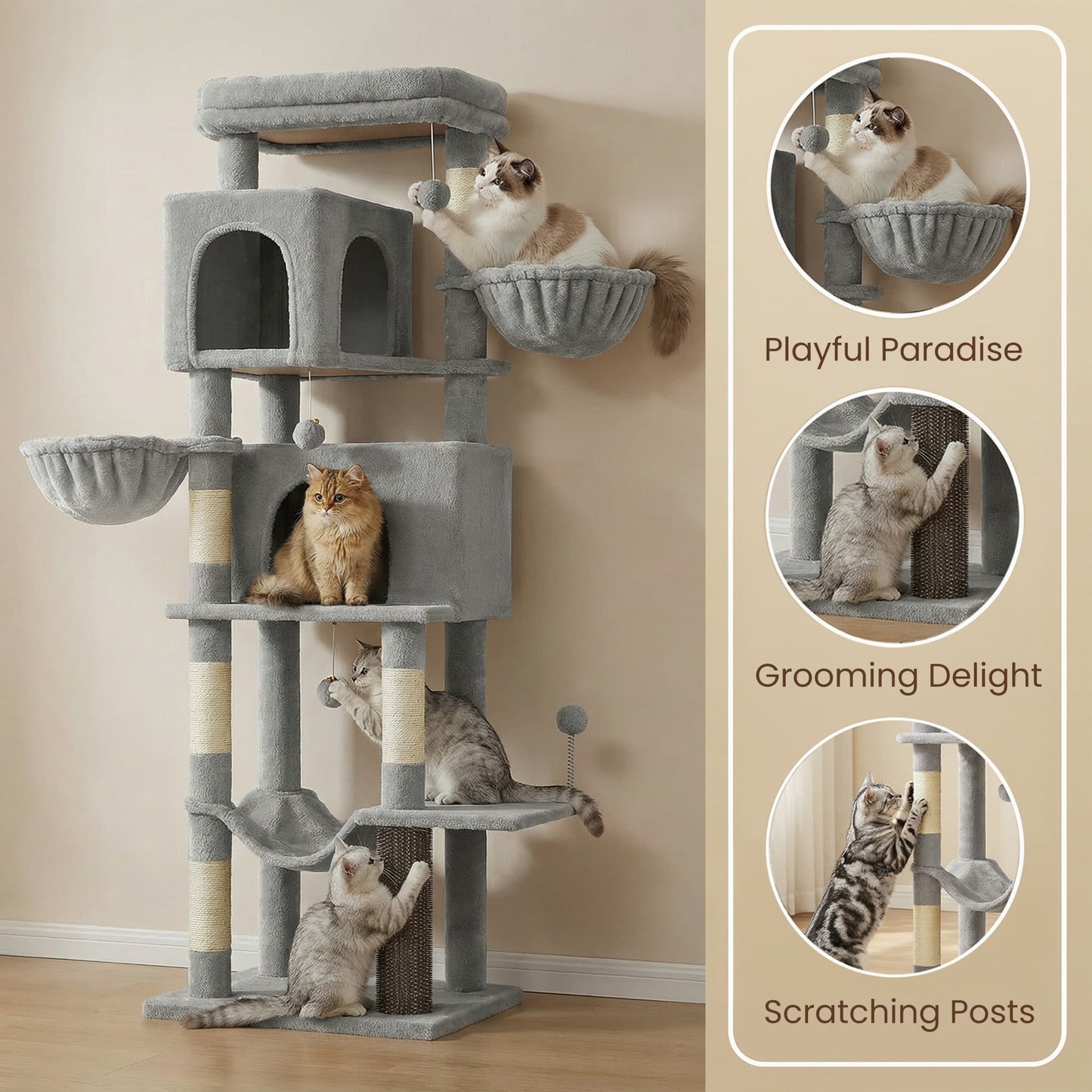 Feandrea Large Multi Level Cat Tree Tower with Self Groomer and Posts – Dove Gray