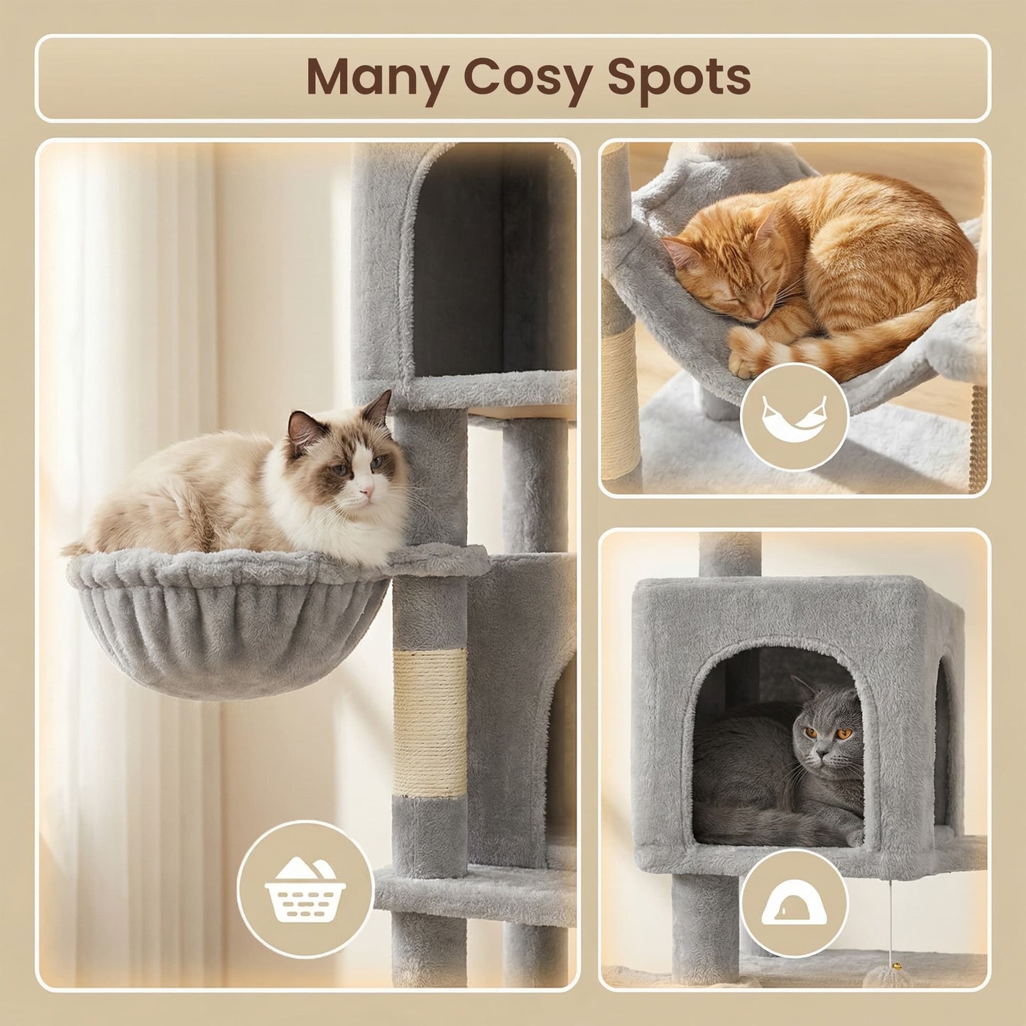 Feandrea Large Multi Level Cat Tree Tower with Self Groomer and Posts – Dove Gray