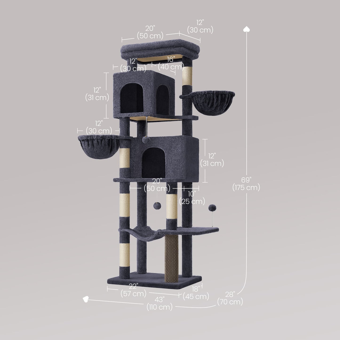 Feandrea Large Multi Level Cat Tree Tower with Self Groomer and Posts – Dark Gray