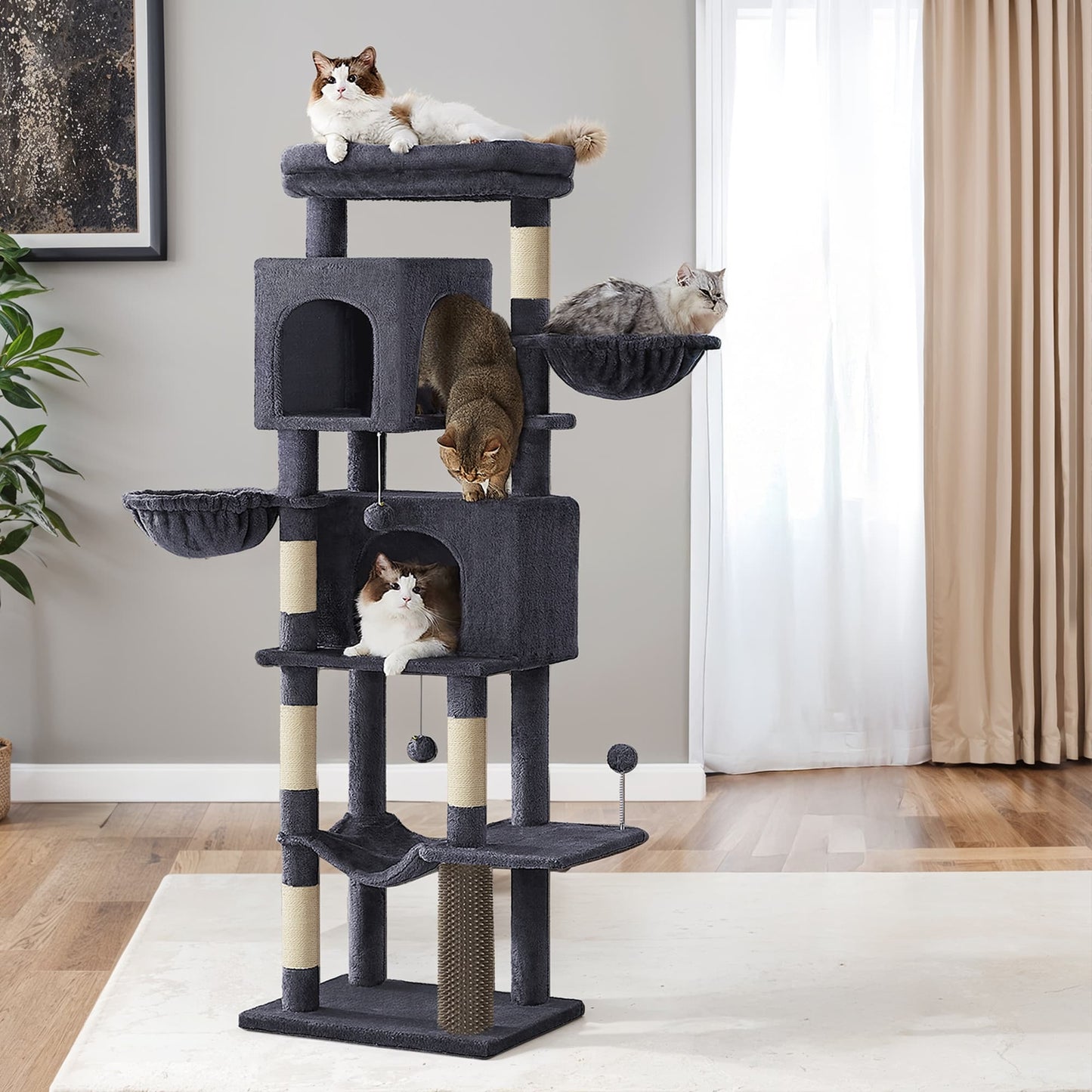 Feandrea Large Multi Level Cat Tree Tower with Self Groomer and Posts – Dark Gray