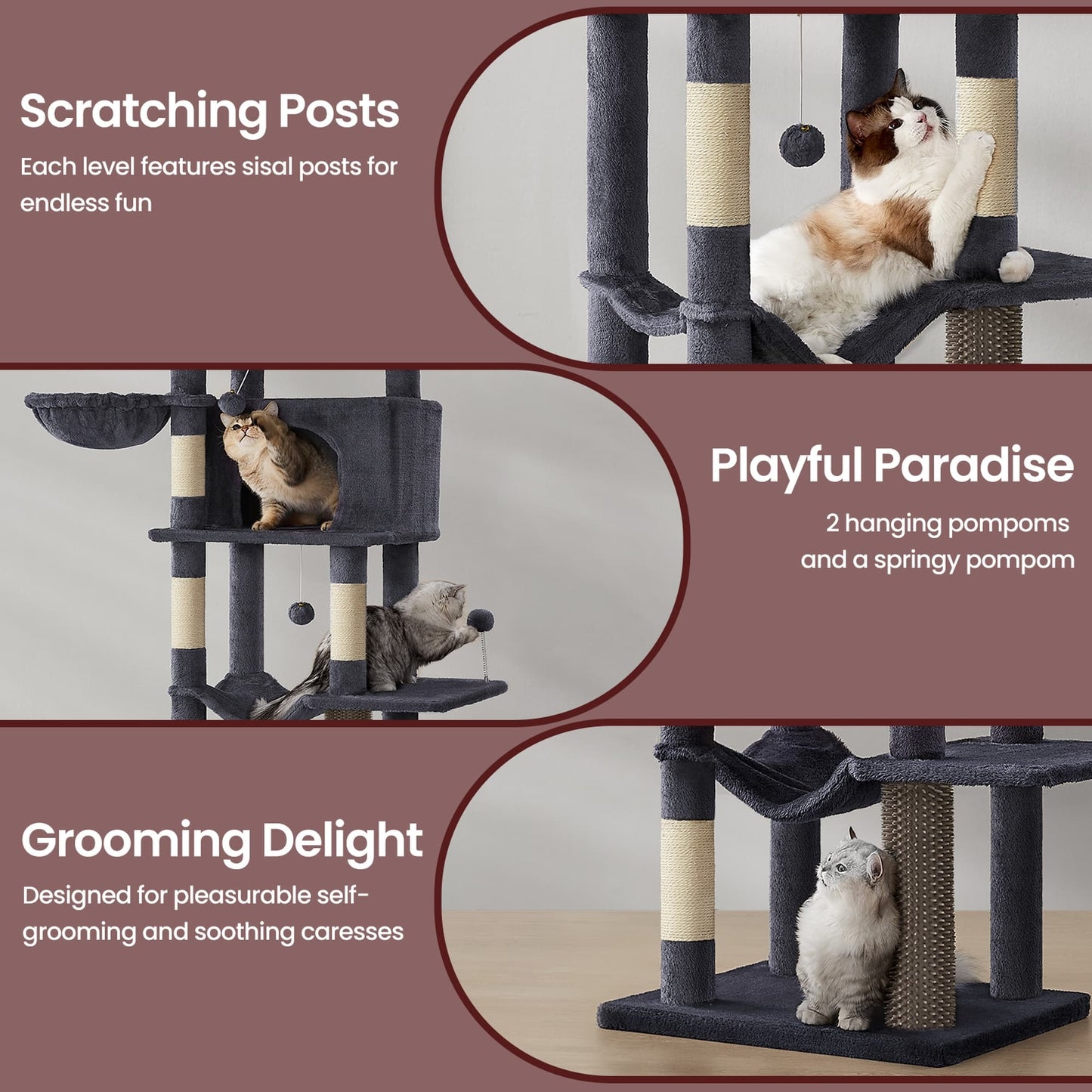 Feandrea Large Multi Level Cat Tree Tower with Self Groomer and Posts – Dark Gray