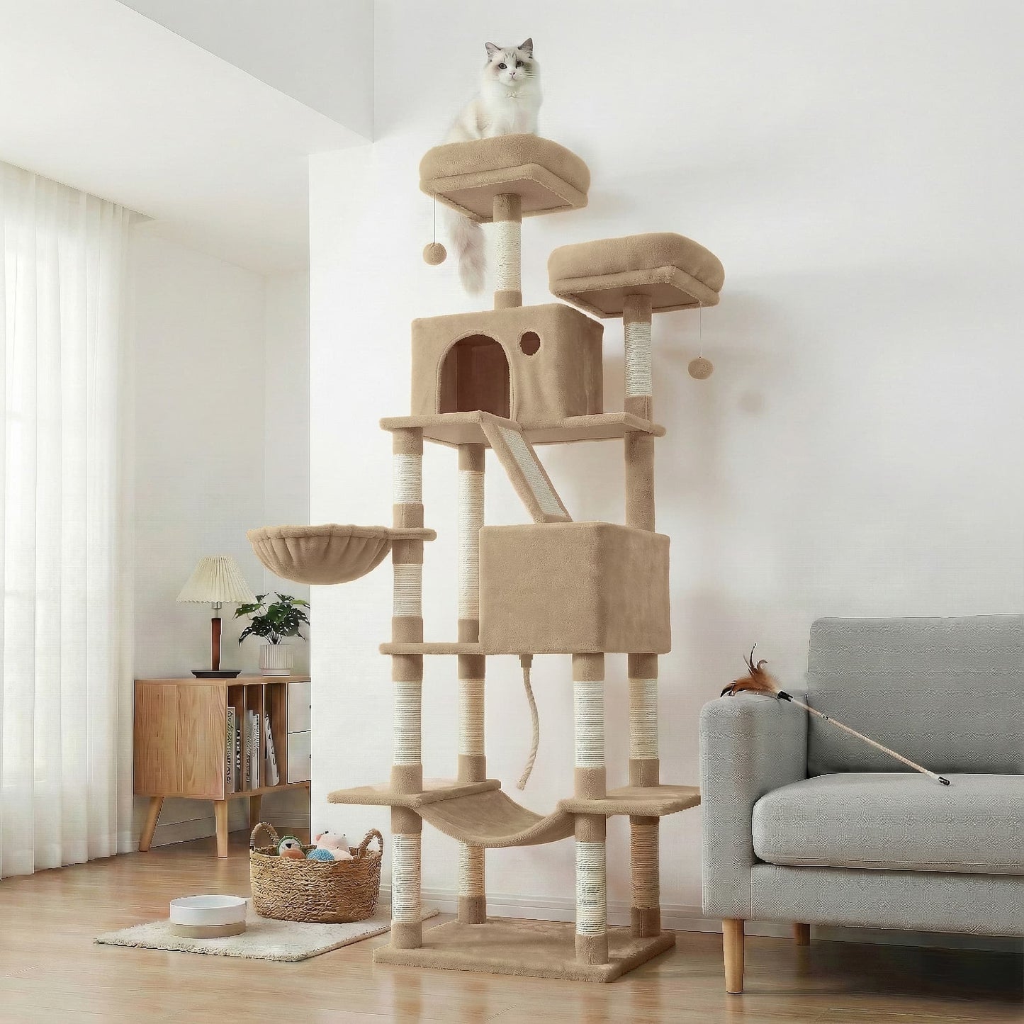 Feandrea Large Cat Tree with Scratching Posts Hammock and Perches for Indoor Cats – Camel Brown