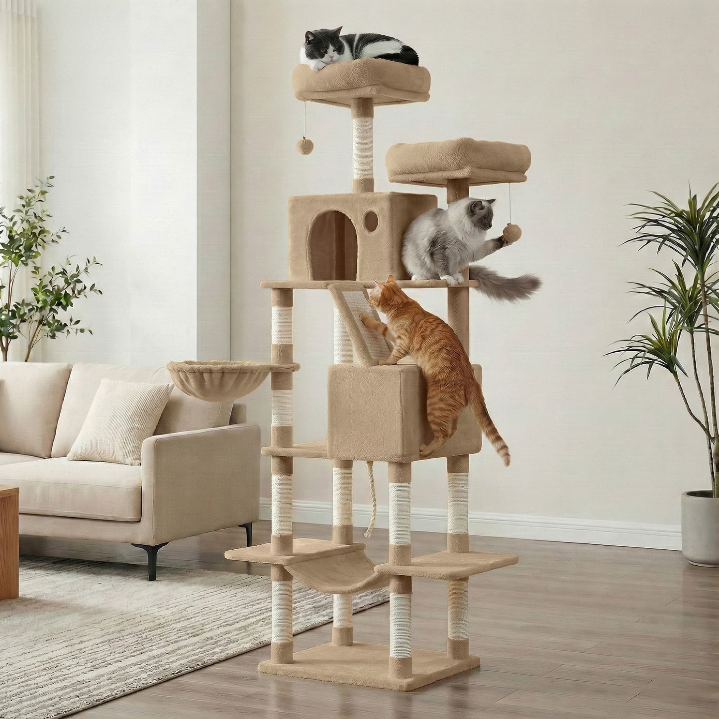 Feandrea Large Cat Tree with Scratching Posts Hammock and Perches for Indoor Cats – Camel Brown