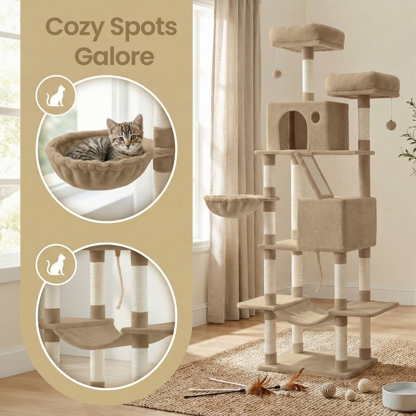 Feandrea Large Cat Tree with Scratching Posts Hammock and Perches for Indoor Cats – Camel Brown