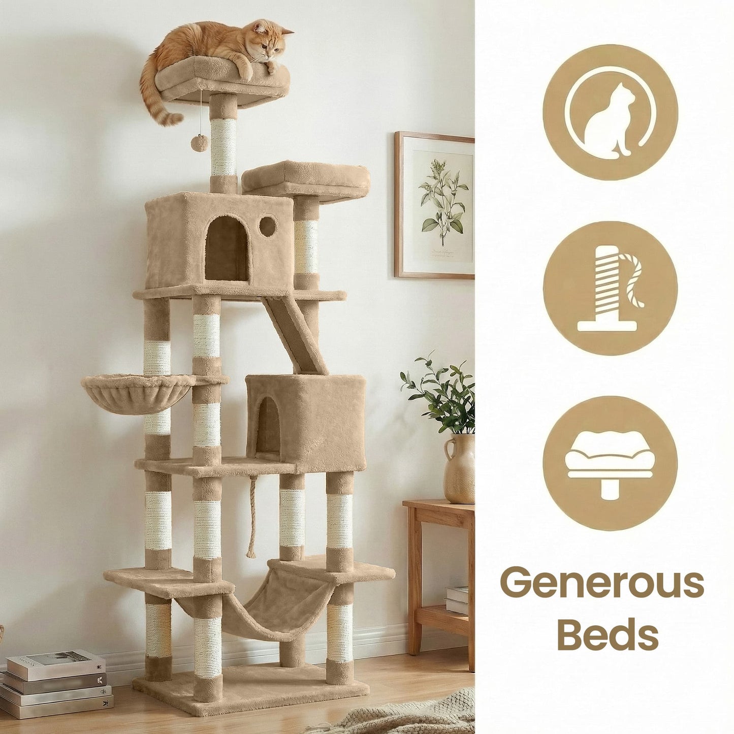 Feandrea Large Cat Tree with Scratching Posts Hammock and Perches for Indoor Cats – Camel Brown