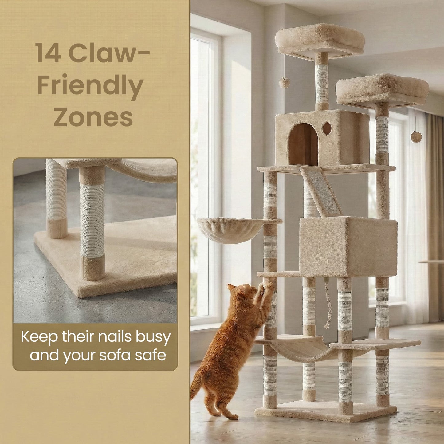 Feandrea Large Cat Tree with Scratching Posts Hammock and Perches for Indoor Cats – Camel Brown