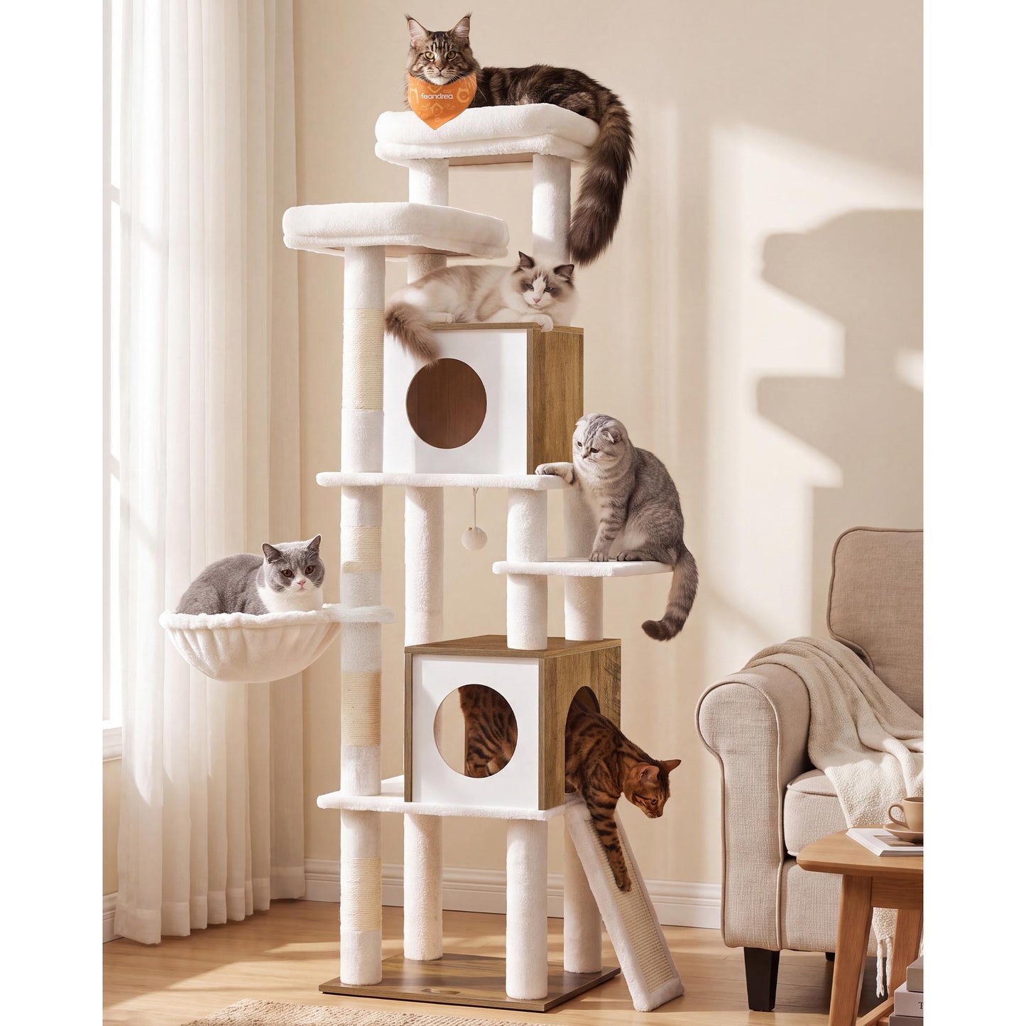 Feandrea Tall Cat Tree, 6-Tier Cat Tower with 2 Condos, 67.3 in Indoor Cat House – Honey Brown