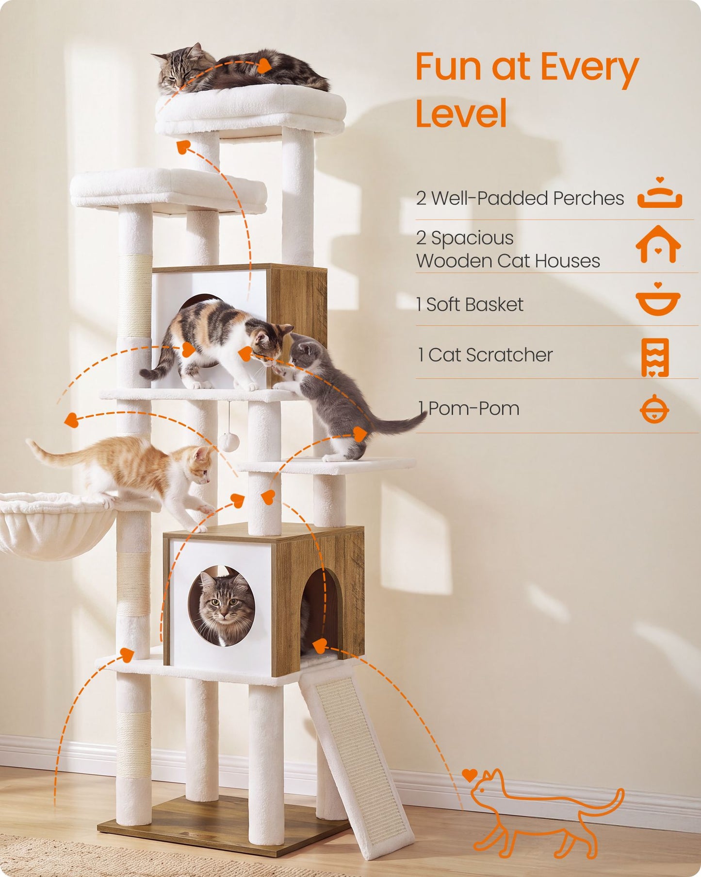 Feandrea Tall Cat Tree, 6-Tier Cat Tower with 2 Condos, 67.3 in Indoor Cat House – Honey Brown