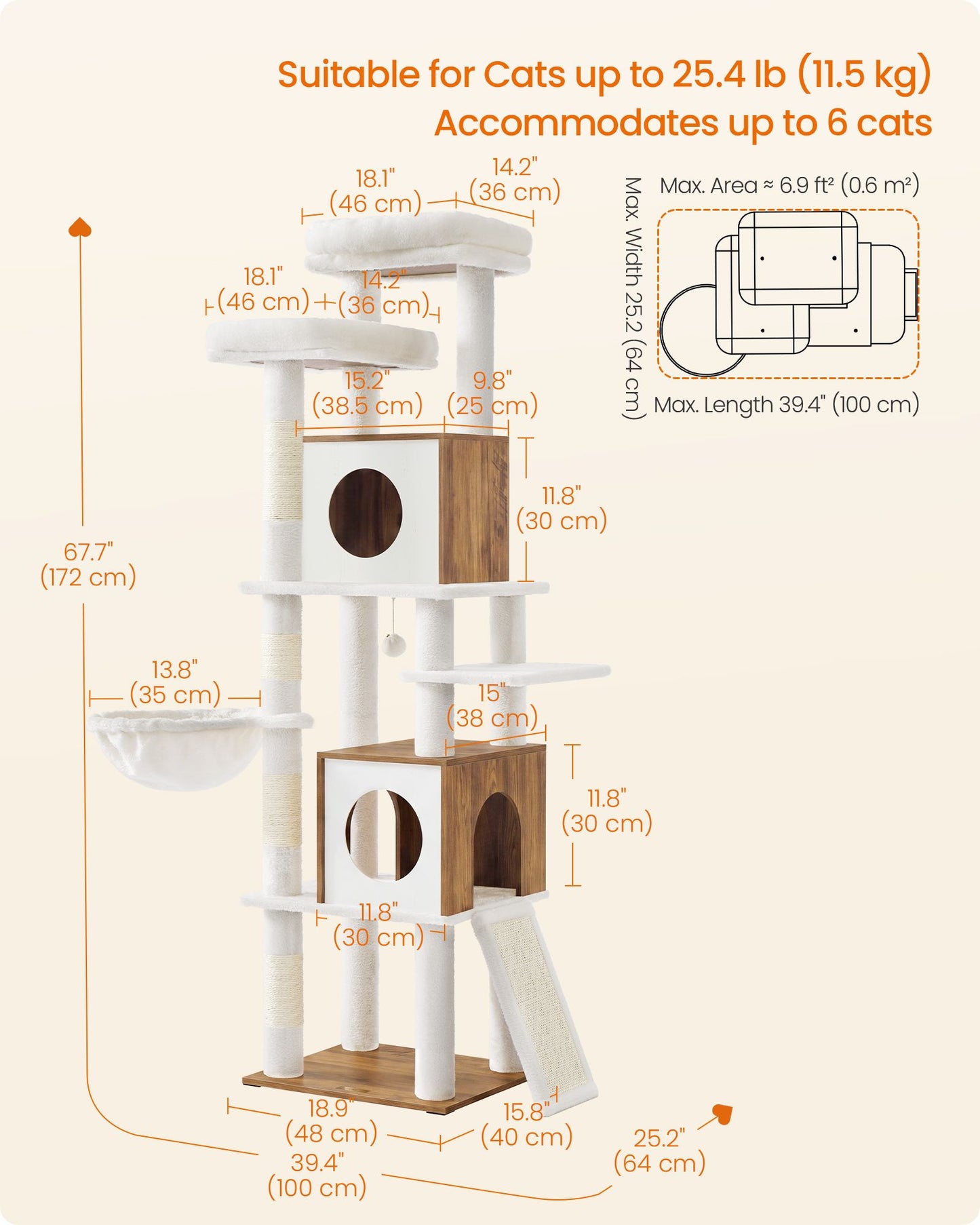 Feandrea Tall Cat Tree, 6-Tier Cat Tower with 2 Condos, 67.3 in Indoor Cat House – Honey Brown