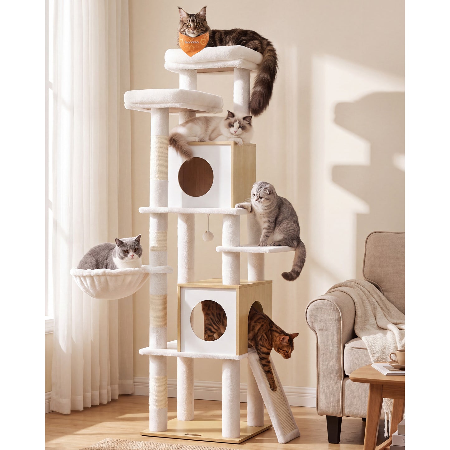 Feandrea Tall Cat Tree, 6-Tier Cat Tower with 2 Condos, 67.3 in Indoor Cat House – Oak Beige