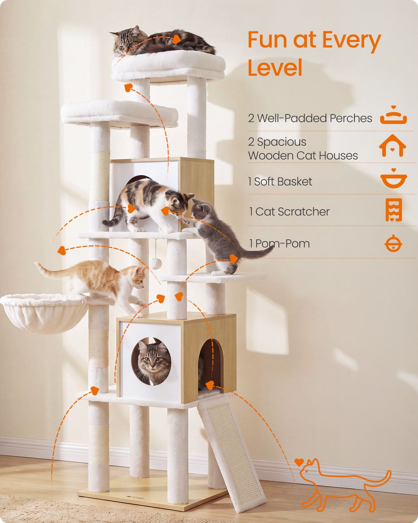 Feandrea Tall Cat Tree, 6-Tier Cat Tower with 2 Condos, 67.3 in Indoor Cat House – Oak Beige
