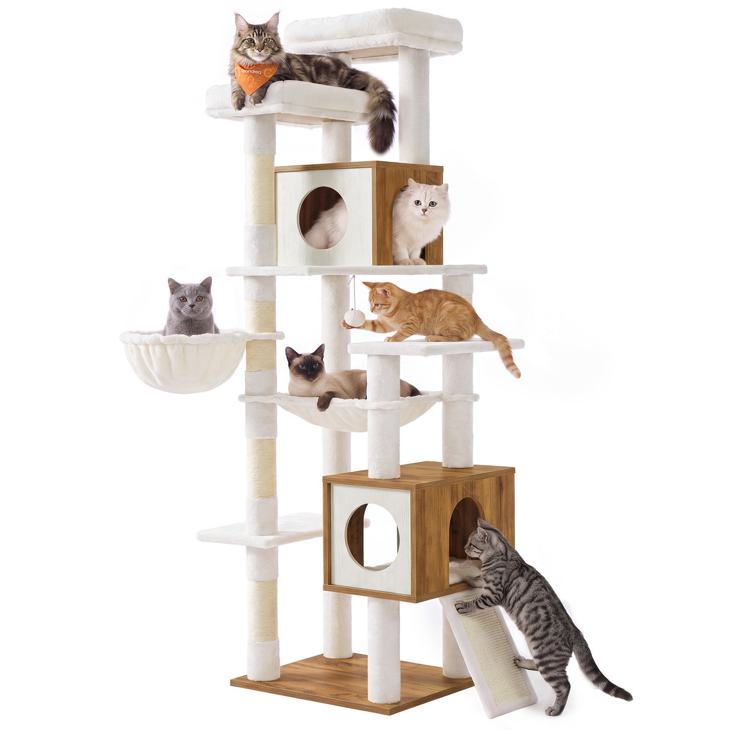 Feandrea Tall Cat Tree, 8-Tier Wood Tower with 2 Condos, Scratching Post Cat Houses – Honey Brown and Rustic White