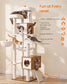 Feandrea Tall Cat Tree, 8-Tier Wood Tower with 2 Condos, Scratching Post Cat Houses – Honey Brown and Rustic White